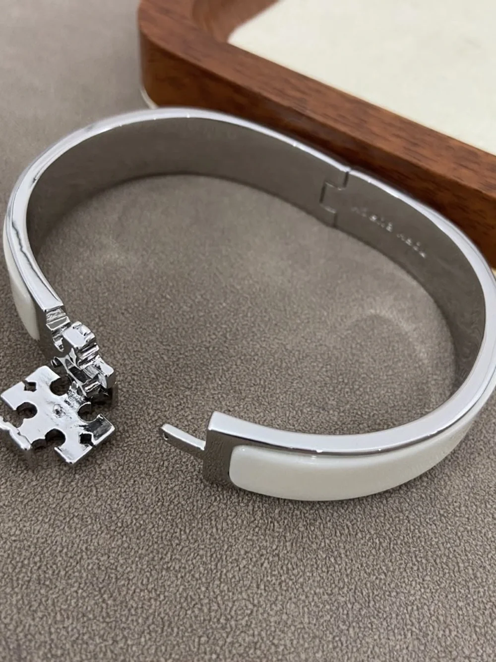 Tory Burch White Enamel Logo Hinge Bracelet with Crystal Logo
